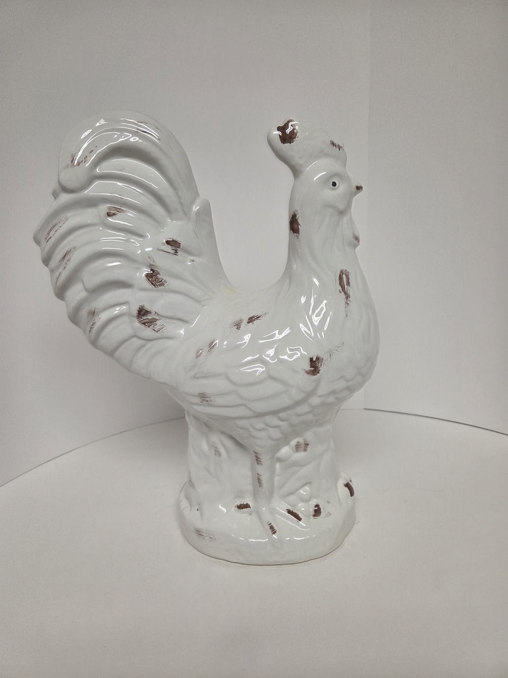 White Ceramic Rooster Figurine with Rustic Brown Accents - Home Art. #33 - Picture 3 of 7